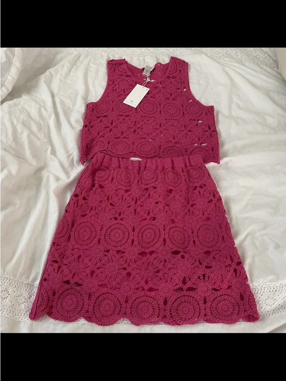 Caroline Constas Crochet Two-Piece Dress Set - Raspberry Pink size XS
